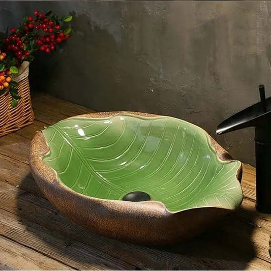 Artistic Lotus Leaf Porcelain Vessel Sink Bathroom Decorative