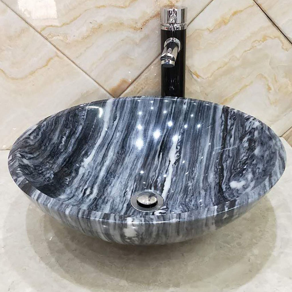 Polished Black Marble Bathroom Sink – Round Natural Stone Vanity Hand Basin
