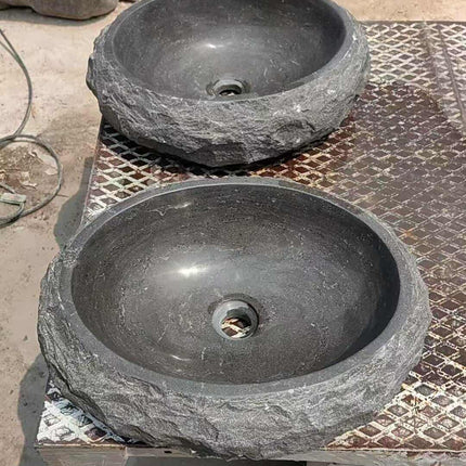 Black Natural River Stone Bathroom Sink – Handcrafted Stone Wash Basin for Rustic & Modern Interiors