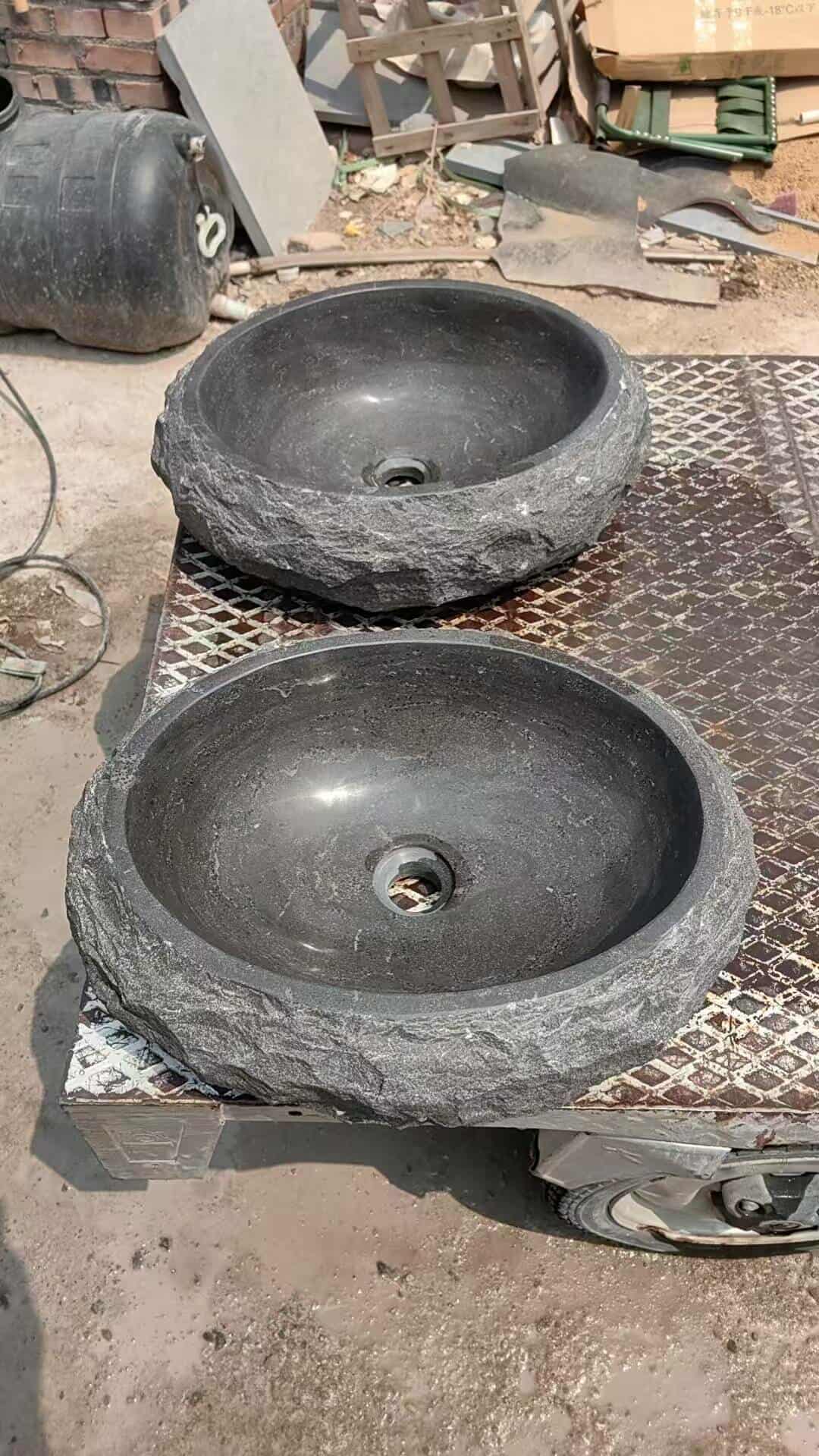 Black Natural River Stone Bathroom Sink – Handcrafted Stone Wash Basin for Rustic & Modern Interiors