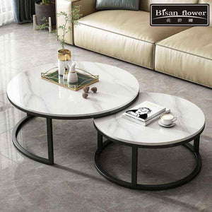 Luxury Marble Top Coffee Table | Modern Simple White Metal and Gold Nesting Tables | Contemporary Stone Panel Living Room Furniture Set