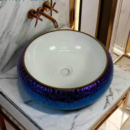 High-Quality Luxury Round Blue Electroplated Porcelain Countertop Sink – Artistic Bathroom Basin for Home and Hotel