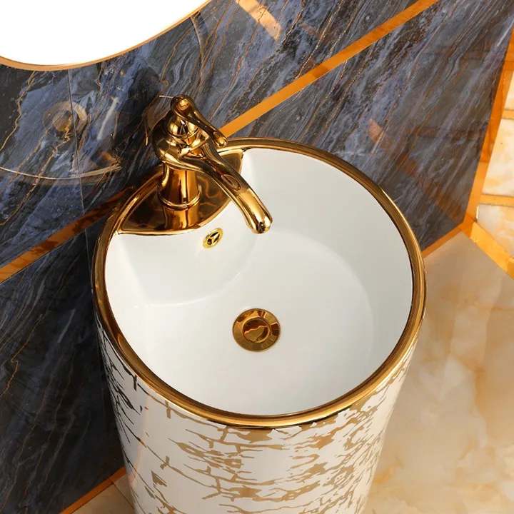 White and Gold Stand Alone Luxury Modern Style Gold Pattern Pedestal Sink Bathroom Accessories