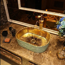 Cargar imagen en el visor de la galería, Green with Golden Plated Countertop Ceramic Wash Basin
