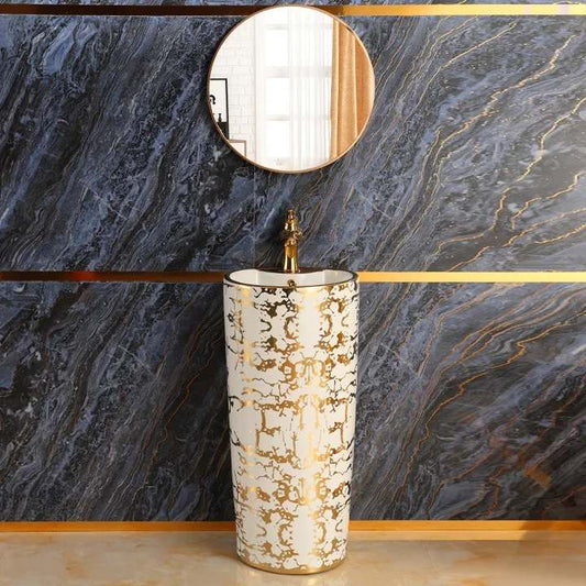 White and Gold Stand Alone Luxury Modern Style Gold Pattern Pedestal Sink Bathroom Accessories