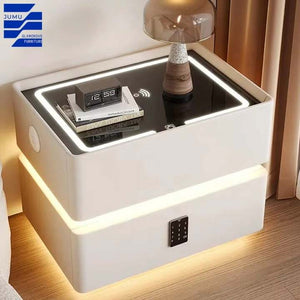 Luxury Advanced Bedroom Furniture Leather Smart Bedside Table With Light Bluetooth Speaker Password Lock USB Port
