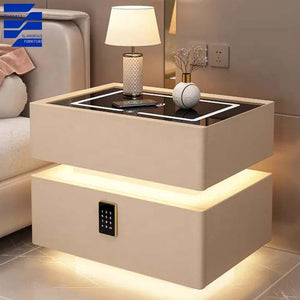 Luxury Advanced Bedroom Furniture Leather Smart Bedside Table With Light Bluetooth Speaker Password Lock USB Port