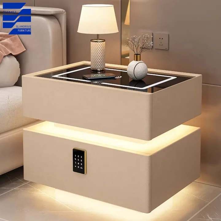 Luxury Advanced Bedroom Furniture Leather Smart Bedside Table With Light Bluetooth Speaker Password Lock USB Port