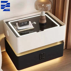 Luxury Advanced Bedroom Furniture Leather Smart Bedside Table With Light Bluetooth Speaker Password Lock USB Port