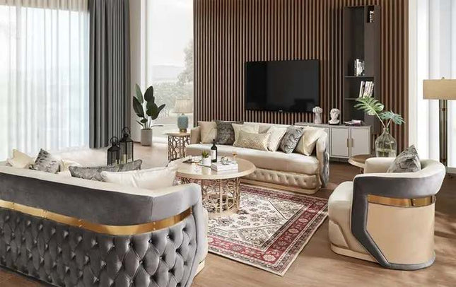 Modernes Luxus-Wohnzimmersofa-Set mit Samtbezug, Edelstahlgürtel, Zierknöpfen und Polsterung 