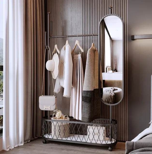 Integrated coat rack dressing mirror Nordic Style Home Hotel Living Room Bedroom Metal Movable Coat Rack with Universal Pulleys