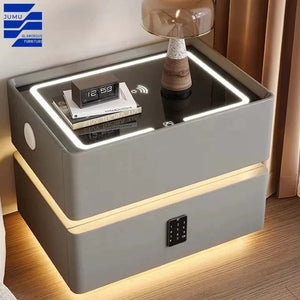 Luxury Advanced Bedroom Furniture Leather Smart Bedside Table With Light Bluetooth Speaker Password Lock USB Port