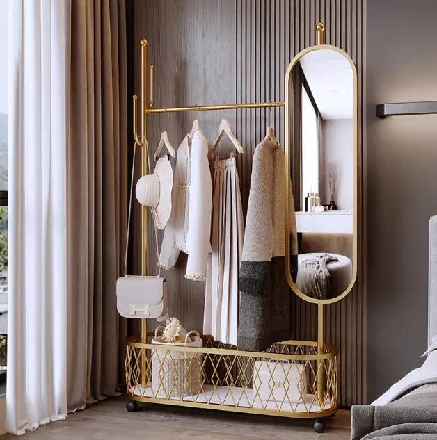 Integrated coat rack dressing mirror Nordic Style Home Hotel Living Room Bedroom Metal Movable Coat Rack with Universal Pulleys