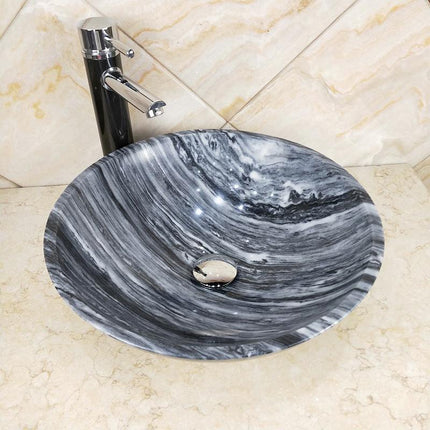 Polished Black Marble Bathroom Sink – Round Natural Stone Vanity Hand Basin