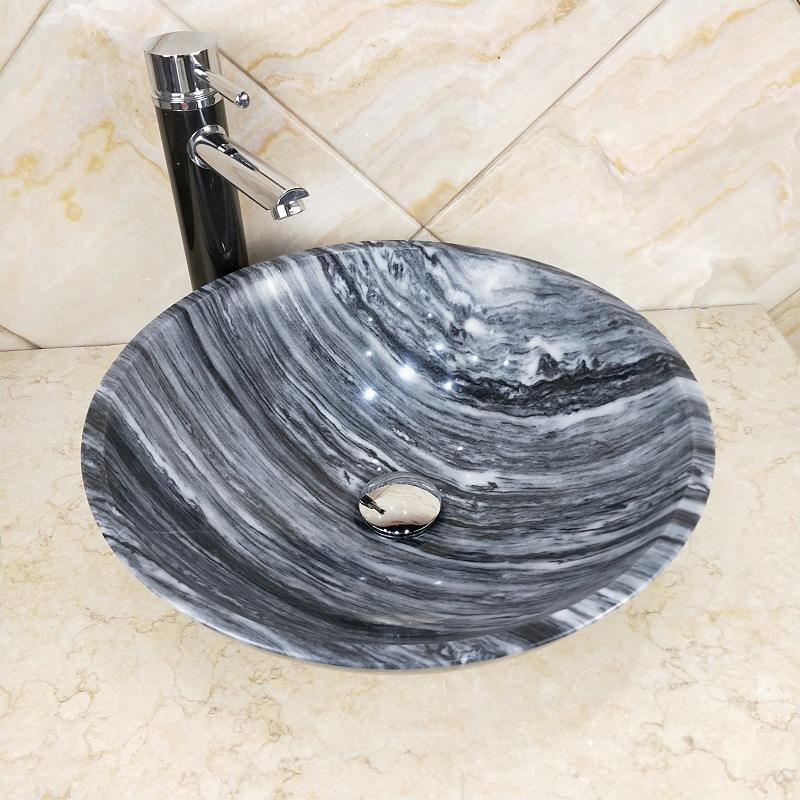 Polished Black Marble Bathroom Sink – Round Natural Stone Vanity Hand Basin