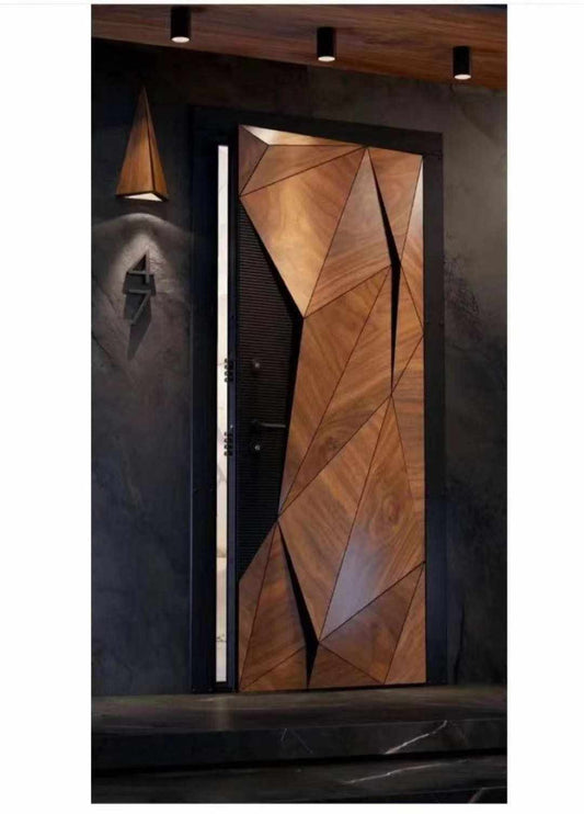 Ultra-Modern Geometric Smart Security Doors with Integrated LED Lighting, Featuring High-Quality Metal, Wood Veneer Finish, Advanced Locking System, Fireproof and Soundproof Design for Luxury Homes and Offices