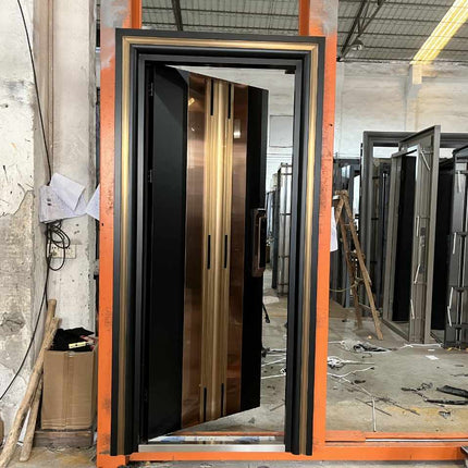 Modern Fireproof and Soundproof and Heavy-Duty Security Door with Dual-Layered Metal Construction, Gold and Black Finish, Reinforced Frame, and High-Quality Stainless Steel Handles for Durability and Style