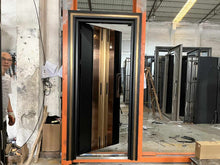 Загрузить изображение в средство просмотра галереи, Modern Fireproof and Soundproof and Heavy-Duty Security Door with Dual-Layered Metal Construction, Gold and Black Finish, Reinforced Frame, and High-Quality Stainless Steel Handles for Durability and Style
