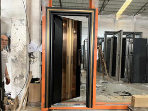 Modern Fireproof and Soundproof and Heavy-Duty Security Door with Dual-Layered Metal Construction, Gold and Black Finish, Reinforced Frame, and High-Quality Stainless Steel Handles for Durability and Style