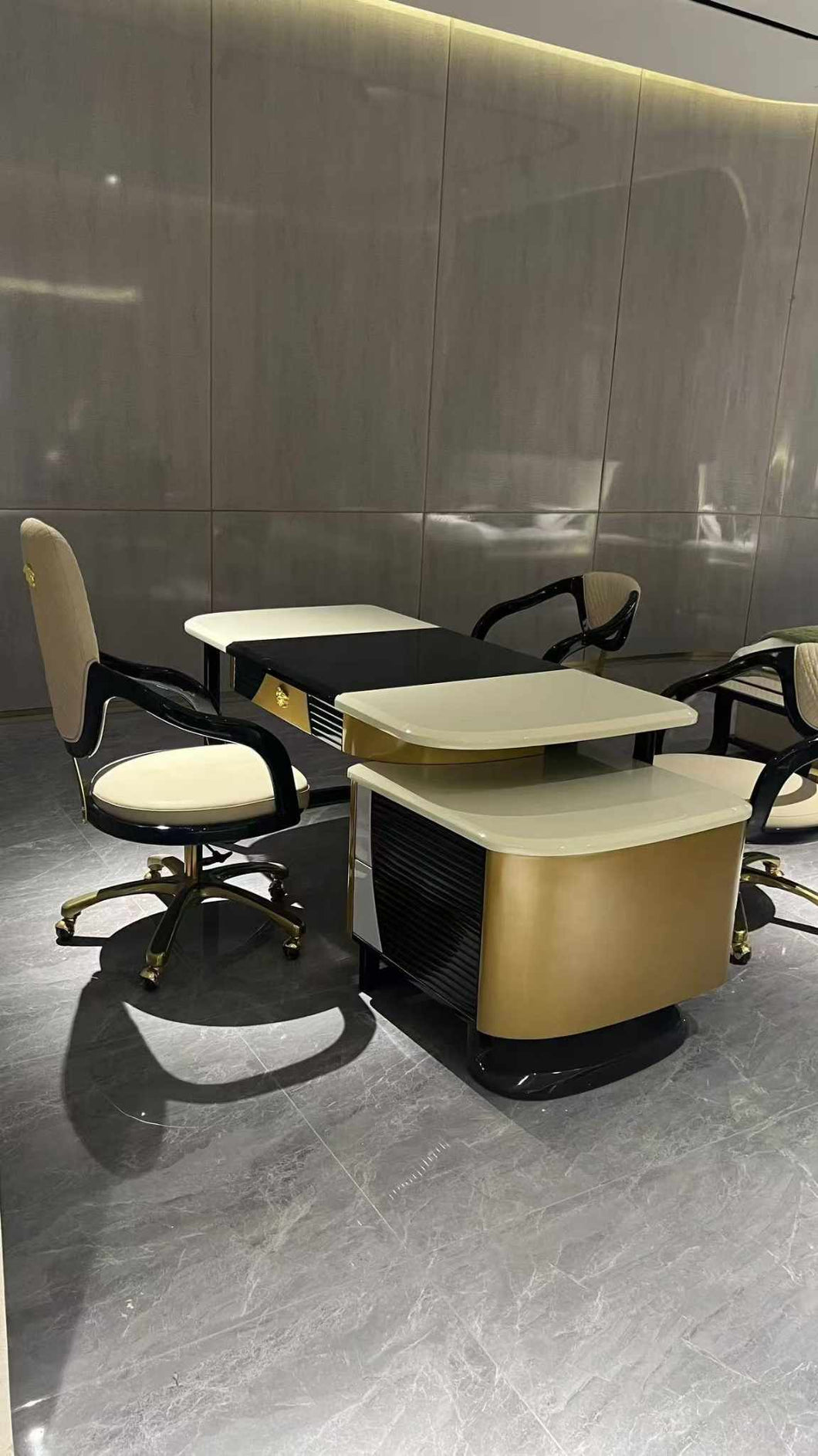 Matte Gold and Black Versace Medusa Office Computer Desk with Spacious Drawers