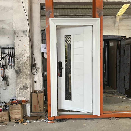 Elegant White Security Door with Glass Panel, Featuring Heavy-Duty Metal Frame, Reinforced Locking System, Fireproof and Soundproof Insulation for Modern Residential and Commercial Spaces