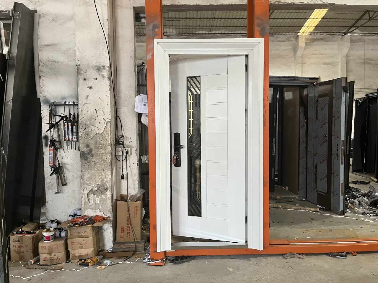 Elegant White Security Door with Glass Panel, Featuring Heavy-Duty Metal Frame, Reinforced Locking System, Fireproof and Soundproof Insulation for Modern Residential and Commercial Spaces