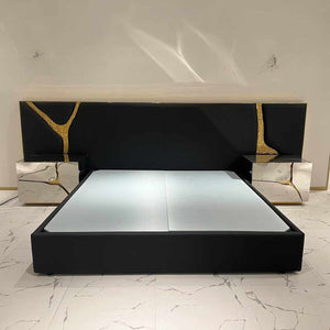 Modern Luxury Italian Bedframe | King & Queen Sizes | Black Nappa Leather Upholstery | Gold Crackle Design | High-Gloss Marble-Inspired Side Tables | Metal Frame