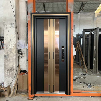 Modern Fireproof and Soundproof and Heavy-Duty Security Door with Dual-Layered Metal Construction, Gold and Black Finish, Reinforced Frame, and High-Quality Stainless Steel Handles for Durability and Style