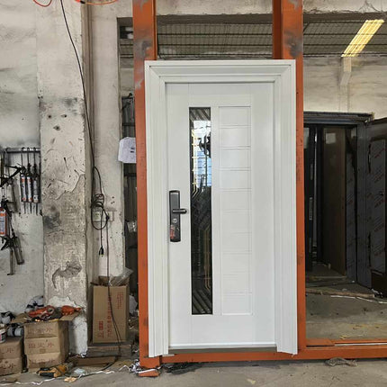 Elegant White Security Door with Glass Panel, Featuring Heavy-Duty Metal Frame, Reinforced Locking System, Fireproof and Soundproof Insulation for Modern Residential and Commercial Spaces