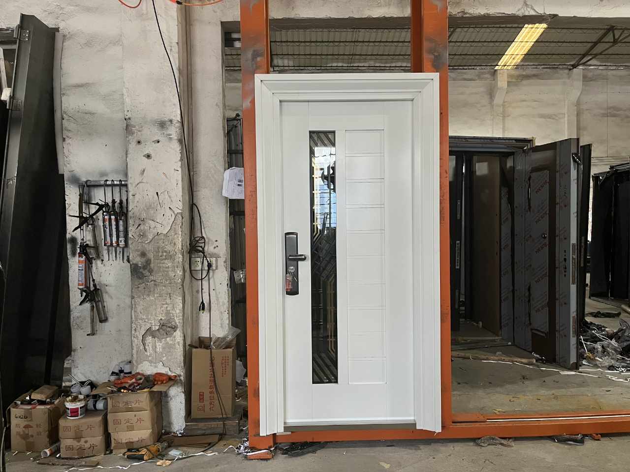 Elegant White Security Door with Glass Panel, Featuring Heavy-Duty Metal Frame, Reinforced Locking System, Fireproof and Soundproof Insulation for Modern Residential and Commercial Spaces