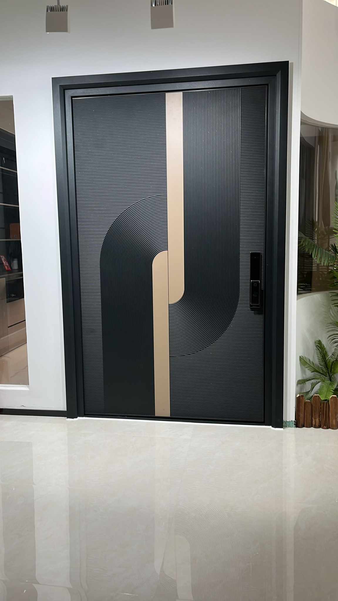 Modern Luxury Customize Main Door with Fingerprint Lock | High-Quality Metal Construction | Matte Black & Gold Finish | Textured Grooved Panel Design | Digital Smart Lock System | Contemporary Aesthetic