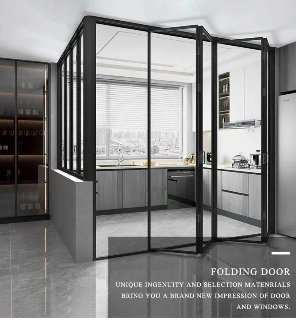 Sleek and Modern Folding Glass Door with Durable Aluminum Frame and Transparent Tempered Glass Panels for Stylish Interior Partitioning and Space Optimization