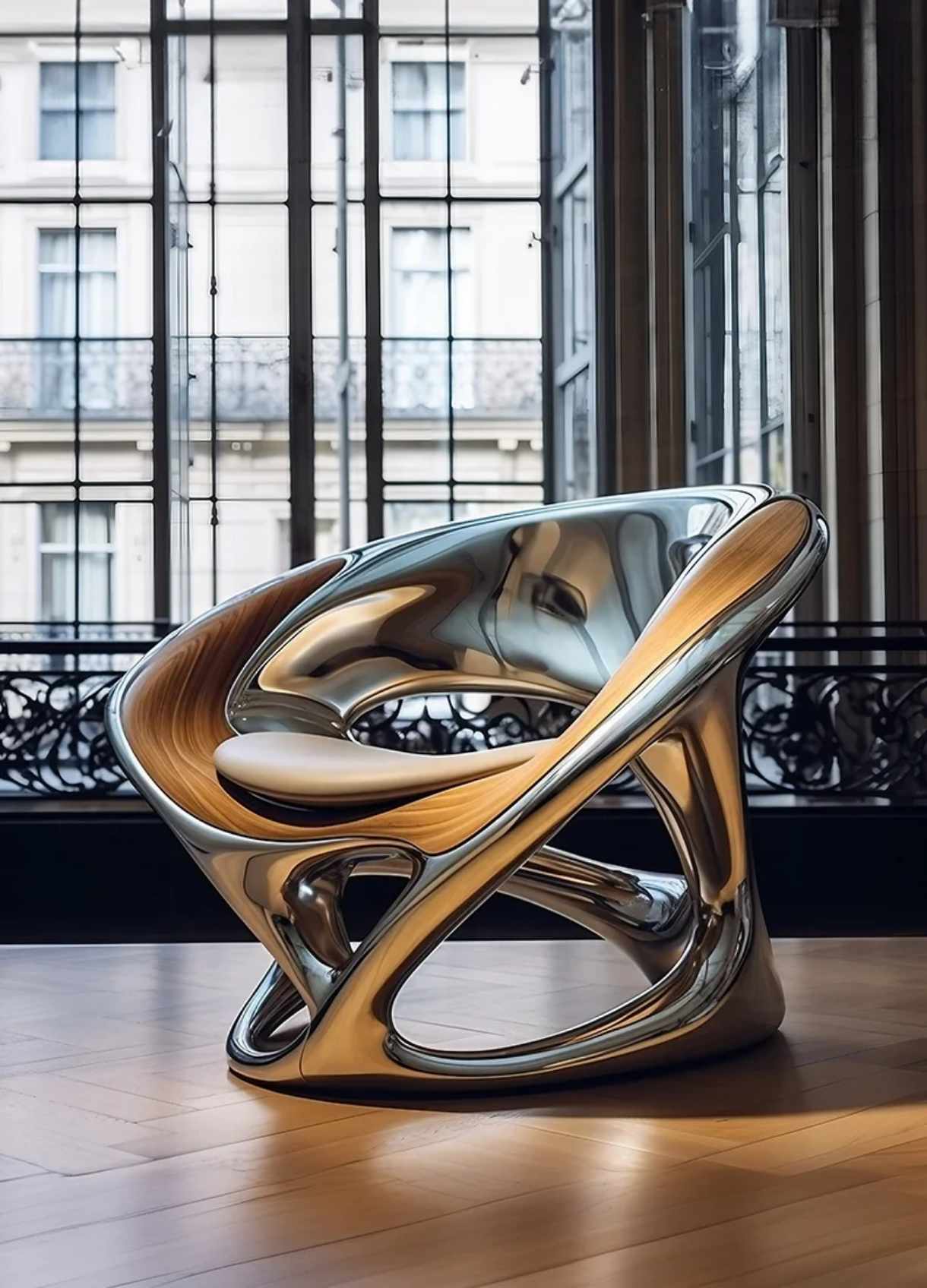 Futuristic Sculptural Chair- Modern Metallic Searting with Ergonomic Design for Luxury Interiors