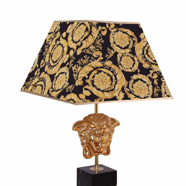 Luxurious Fusion of Classic Versace Design Elements, Featuring the Iconic Medusa Head, Ornate Gold Detailing, and a Baroque-Inspired Black and Gold Lampshade