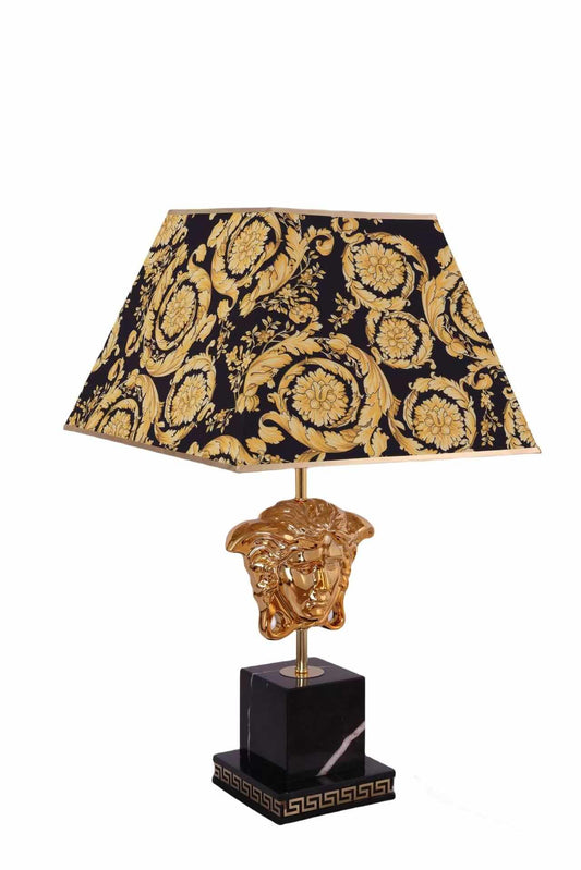 Luxurious Fusion of Classic Versace Design Elements, Featuring the Iconic Medusa Head, Ornate Gold Detailing, and a Baroque-Inspired Black and Gold Lampshade