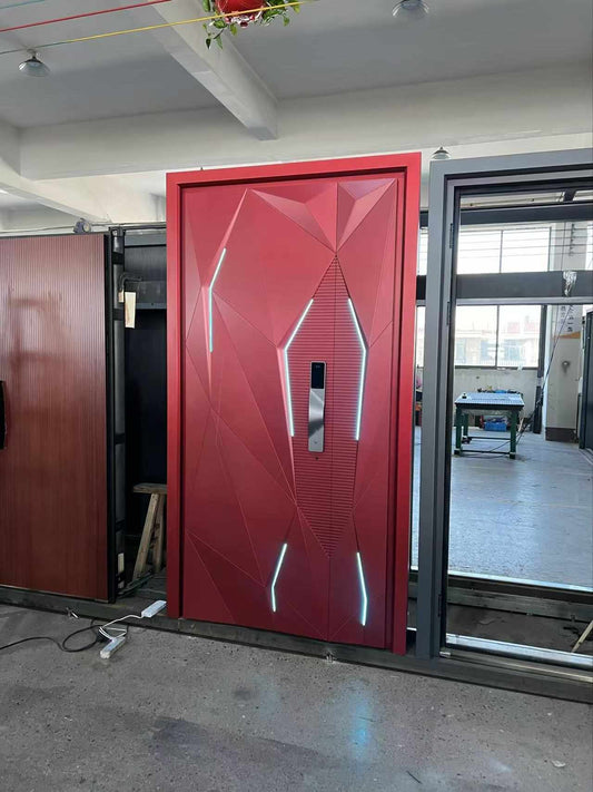 Modern Geometric Smart Security Door with Fire-Resistant Steel Core, LED Accent Lighting, and Advanced Digital Lock System for High-Security and Stylish Entryways