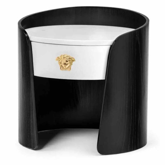 Elegant Black and White Luxury with Gold Medusa Side Table, Featuring a Curved High-Gloss Black Wood Frame, Premium White Leather Drawer, and Smooth Polished Surface