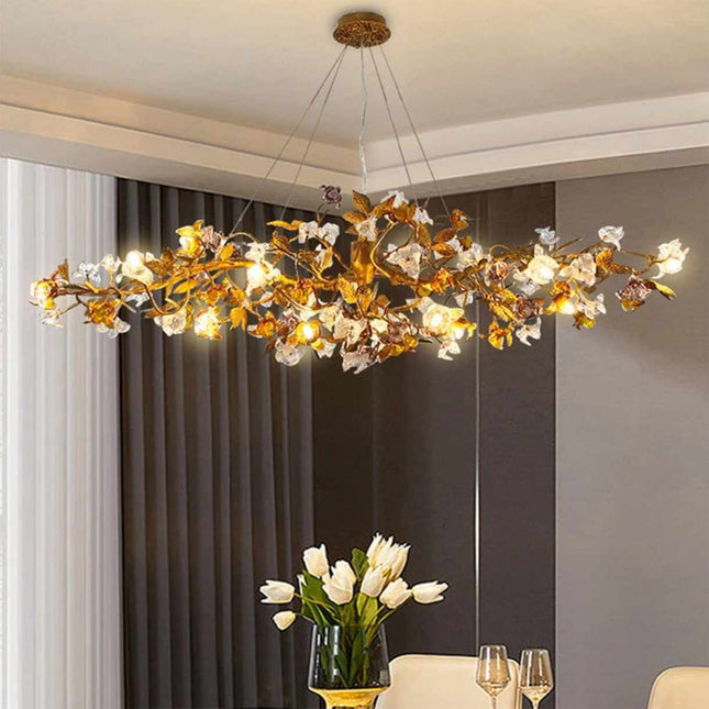Luxury Gold Branch Chadelier Elegant Nature Inspired Lighting with Metal Leaves and Crystal Accents for Dining Roos, Kitchens and Modern Interiors