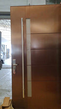 Load image into Gallery viewer, Contemporary Double Door Entrance with Solid Wood Finish, Frosted Glass Side Panels, Stainless Steel Vertical Handle, and High-Security Digital Lock System for Modern Homes
