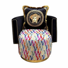 Lade das Bild in den Galerie-Viewer, Luxurious Blend of Iconic Versace Style and Modern Comfort, Featuring the Signature Medusa Emblem, Plush Velvet Upholstery, and a Whimsical, Multi-Colored Patterned Base
