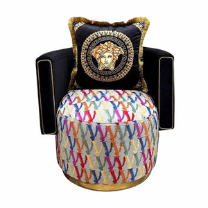 Luxurious Blend of Iconic Versace Style and Modern Comfort, Featuring the Signature Medusa Emblem, Plush Velvet Upholstery, and a Whimsical, Multi-Colored Patterned Base