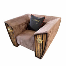 Load image into Gallery viewer, Modern Fusion of Plush Mauve Velvet, Zebra-Print Accents, and Art Deco-Inspired Wood Paneling with Lion Head Hardware
