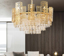 Load image into Gallery viewer, Luxurious Timeless Real Copper Gold Contemporary Versace 5 Layers Chandelier lights with Premium Quality K9 Crystals Perfect for Living Spaces, Dining area, or Entry Way
