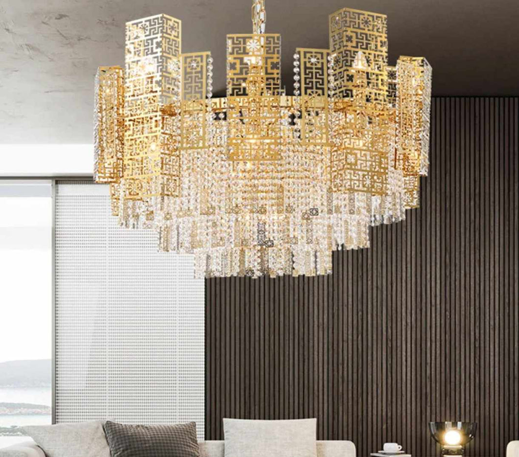 Luxurious Timeless Real Copper Gold Contemporary Versace 5 Layers Chandelier lights with Premium Quality K9 Crystals Perfect for Living Spaces, Dining area, or Entry Way