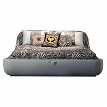 Load image into Gallery viewer, Modern Luxury Bedroom with Zebra-Print Upholstered Bed, High-Gloss Black and Gold Accented Chairs, Velvet and Silk Bedding, Custom Abstract Rug, and Elegant Pendant Lighting
