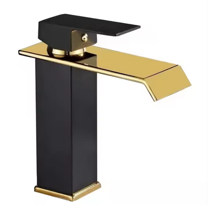 Luxury Black and Gold Waterfall Bathroom Faucet with Wide Spout, Modern Single-Handle Design, Corrosion-Resistant Finish, and Smooth Water Flow for Elegant Décor