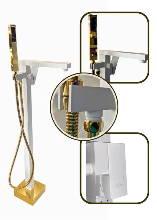 Luxurious White and Gold Freestanding Bathtub Faucet with Waterfall Spout and Handheld Shower for Modern Bathroom Elegance, Durability, and Style