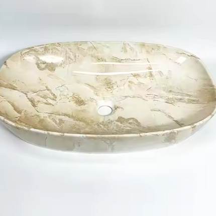 Rectangular Marble-Patterned Vessel Sink – Elegant Bathroom Basin with Natural Stone Aesthetic and Glossy Finish for Modern Vanity Countertops