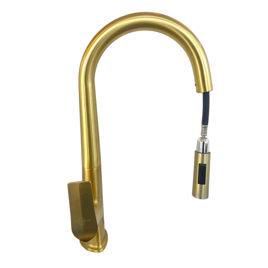 Luxury Modern Gold Kitchen Faucet with Pull-Down Sprayer, High-Arc Design, Touch Sensor Control, and Single Handle for Hot and Cold Water Mixing in Contemporary Homes