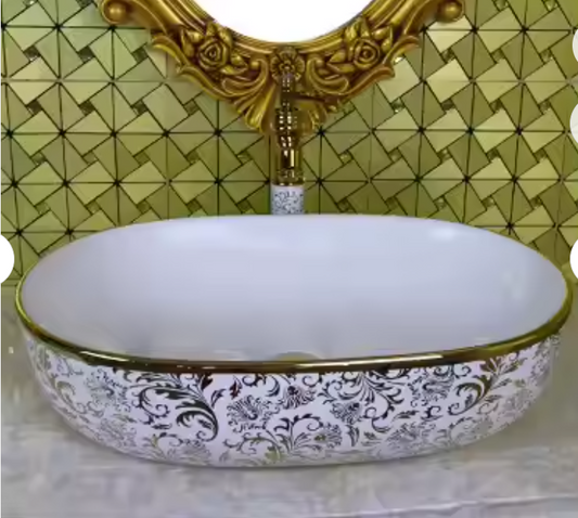 Elegant Oval Porcelain Vessel Sink with Gold Trim and Ornate Floral Design